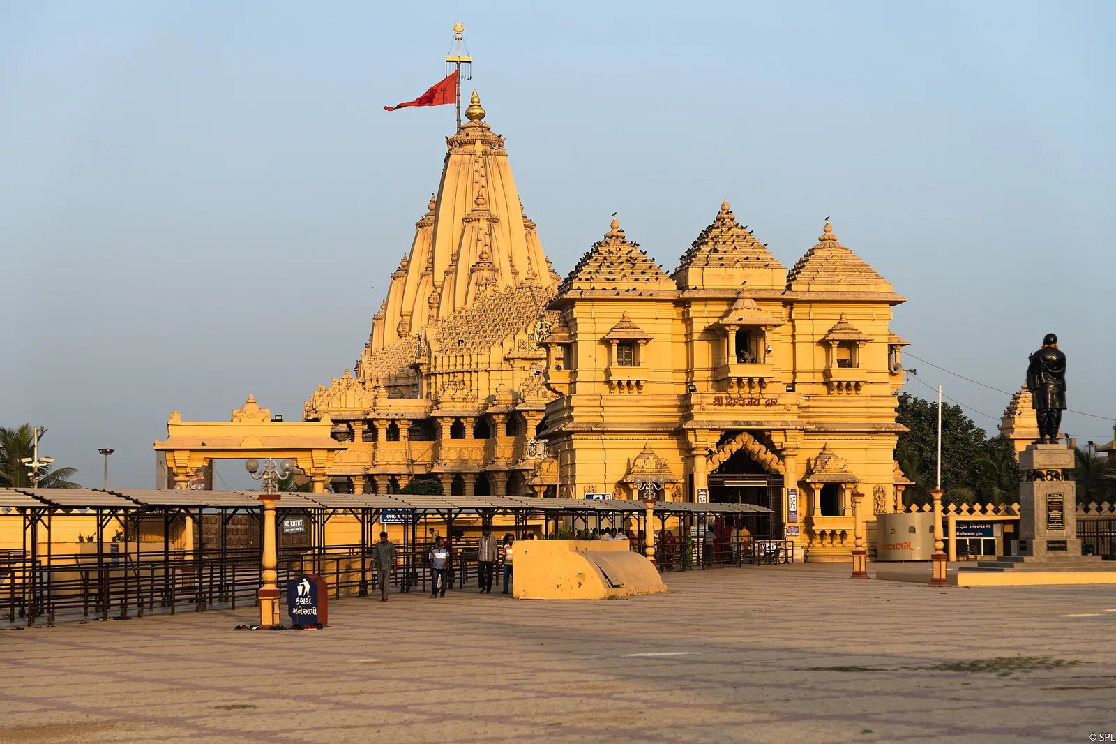 Somnath Jyotirlinga temple and its wide forecourt in warm evening light, Prabhas Patan, Gujarat